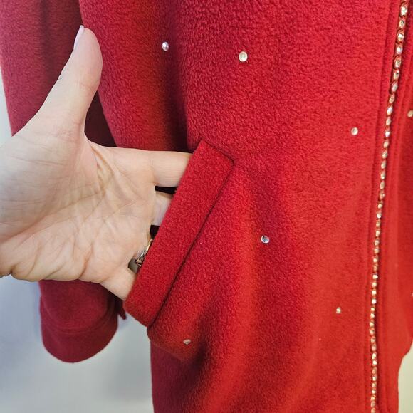 Quacker Factory Red Fleece Jacket Size M Rhinestone Blingy Grandmacore Mature - Picture 3 of 12